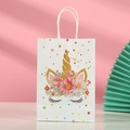 Detailed view of white unicorn gift bag with glitter horn and floral crown design - 403-2 Style (Medium Unicorn)