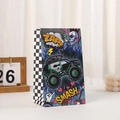 Detail of kraft paper gift bag with comic monster truck prints and racing checkered side - Rock Comic Monster Truck Style (H005-7) / 22x13x8