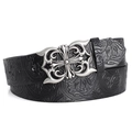 Cintura retrò in pelle nera da uomo con fibbia a croce gotica e motivi floreali - 110 / Stile Croce Gotica - Nero