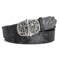 Cintura in pelle nera con rilievo floreale vintage e fibbia gotica con croce argento - 110 / Stile Rilievo Croce Ovale - Nero