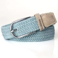 Close-up of light blue elastic braided belt with silver metal buckle and Fashion logo - Light Blue