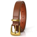 Cinturón clásico vintage de cuero marrón oscuro con hebilla de bronce para mujer - Caqui / 110cm