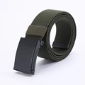 Detailed view of army green tactical woven belt with matte black automatic metal buckle - 120cm / Black Buckle Army Green