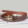 Minimalist dark brown leather skinny belt with vintage gold square pin buckle for women - 105cm / Coffee