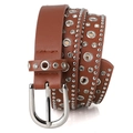 Detail of brown punk leather belt with silver rivets, rhinestones and horseshoe buckle - 105cm / Khaki