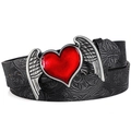 Y2K Punk style leather belt featuring a red heart with silver wings buckle and floral embossing - 120cm / Black (Heart Wing)