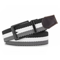 Detail of woven elastic belt showing black metal buckle and grey white striped texture - Braided Style / Black White Gray Stripe (Black Buckle)