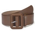 Fashionable wide brown leather belt for women with large square buckle and silver pin - Khaki