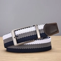 Detail of tricolor woven elastic golf belt with silver matte buckle on wooden table - Braided Style / Blue Gray White Stripe (Silver Buckle)