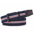 Detail of navy blue and red-white striped braided elastic belt with brown leather tip - Braided Style / Blue White Red Stripe (Black Buckle)