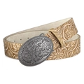 Cintura in pelle western vintage con goffratura floreale e fibbia retrò incisa - Kaki