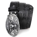 Men's western belt with bull head buckle and embossed black floral leather pattern - 110cm / Black