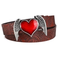 Punk Y2K vintage embossed leather belt with winged red heart buckle and floral pattern - 120cm / Coffee (Heart Wing)