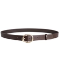 Détail d'une ceinture en cuir marron foncé avec boucle en métal doré irrégulière - Boucle Dorée Café