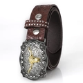 Vintage western men's brown leather belt with bull head buckle and floral embossing - 110cm / Coffee