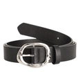 Détail d'une ceinture en cuir noir avec boucle métallique ovale argentée irrégulière - 110cm / Boucle Argentée Noir