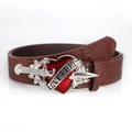 Cintura punk vintage in pelle marrone con rilievi floreali e fibbia cuore e pugnale - 120 / Cuore Rosso con Spada / caffè