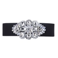 Eleganter Damen Taillengürtel aus schwarzem Elastikband mit großer Kristall-Blumenschnalle - Weißer Strass
