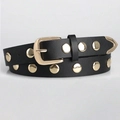 Punk style black leather belt with double-row gold studs and metallic pin buckle - Gold Buckle Black / 110cm