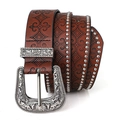 Brown western cowboy leather belt with embossed floral pattern and silver buckle - Coffee / 115cm