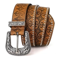 Western punk style tan leather belt with silver rivets and vintage engraved buckle - Khaki / 115cm