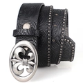 Cintura punk in pelle nera con rilievi floreali e fibbia con iris d'argento - 110cm / Nero