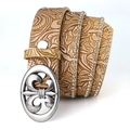 Cintura vintage in pelle marrone con goffratura floreale e fibbia fleur-de-lis punk - 120cm / Cachi