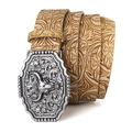 Western style belt with silver bull skull buckle and vintage floral embossed leather - 120cm / Khaki With Silver Buckle