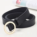 Minimalist black leather belt for women with elegant golden round metal buckle accent - Gold Round Clasp