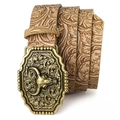 Western style belt featuring bull head buckle and floral embossed beige leather - 120cm / Gold Buckle Khaki