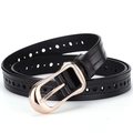 Women's black leather belt with rose gold buckle and hollow sunflower embossed details - Black / 110cm