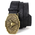 Vintage black leather belt with bronze bull skull buckle and floral embossed pattern - 110cm / Gold Buckle Black