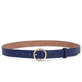 Navy blue faux leather belt with round golden metal buckle and brown inner lining - 105cm / Blue