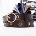 Dark brown leather belt with gold round buckle and metallic eyelets for women - 105 / Coffee