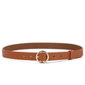 Minimalist brown leather belt for women featuring a stylish gold circular metal buckle - 105cm / Khaki