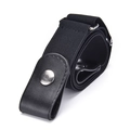 Detail view of black elastic belt with silver metal buckle and faux leather ends - 60-80cm / Black