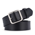 Women's vintage black leather belt with square silver metal buckle and litchi texture - Black Strap Silver Buckle