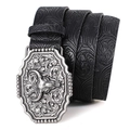 Vintage western black leather belt with embossed patterns and bull head alloy buckle - 110cm / Silver Buckle Black