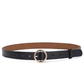 Women's slim black leather belt with a round golden metal buckle and brown lining - 105cm / Black