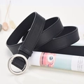 Minimalist black leather belt for jeans with a round silver buckle and fine stitching - Silver Round Clasp