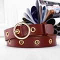 Dark brown leather belt for women featuring gold eyelets and a vintage round metal buckle - 105 / Burgundy