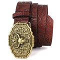 Western vintage red-brown embossed leather belt with a golden bull head alloy buckle - Gold Buckle Coffee