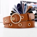 Brown faux leather belt for women with light gold metal eyelets and round pin buckle - 105 / Khaki