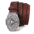 Red-brown leather western belt with carved floral patterns and silver bull head buckle - Coffee With Silver Buckle