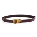 Dark reddish brown narrow leather belt featuring a ribbed golden metal buckle for women - Coffee / 100cm