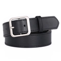 Minimalist black leather belt for women with elegant silver square metal buckle on white background - 105cm / Black
