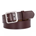 Detailed view of dark brown leather belt with matte silver square buckle and stitching - 105cm / Coffee