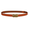 Elegant tan leather slim waist belt with matte gold bamboo texture metal buckle - Khaki / 100cm