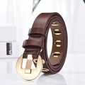 Cintura classica in pelle marrone scuro con fibbia rotonda dorata e occhielli per donne - Borgogna