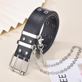 Punk black leather belt with double grommets and detachable metal chains for outfits - Black / 103CM